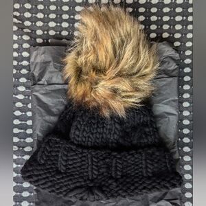 Cozy Black Knit Hat with Faux Fur Pom